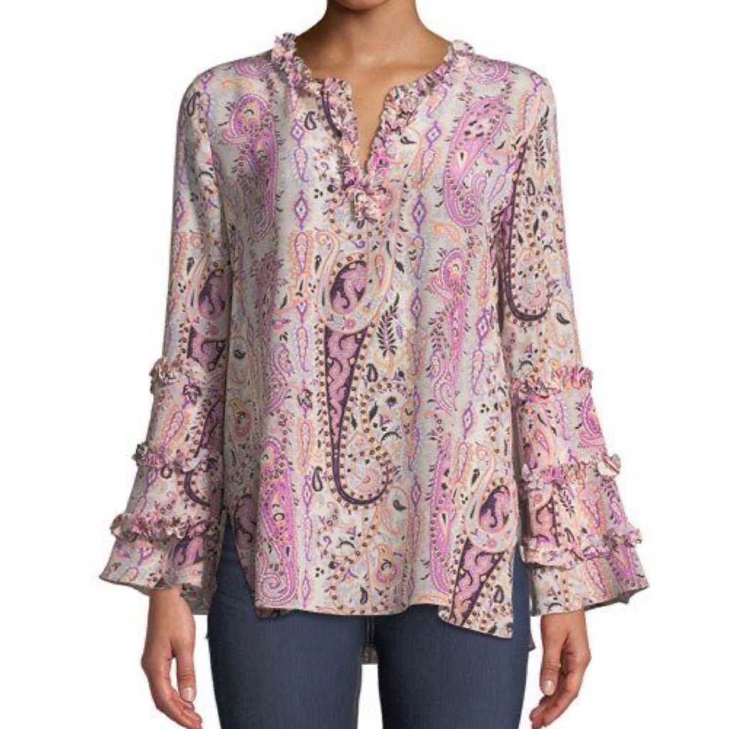 Kobi Halperin Celia Paisley Bell Sleeve Ruffle Blouse In Taffy Pink